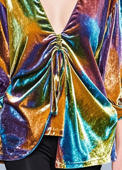 Multicolour Asymmetrical Drawstring Silk Velour Shirt Top Fall