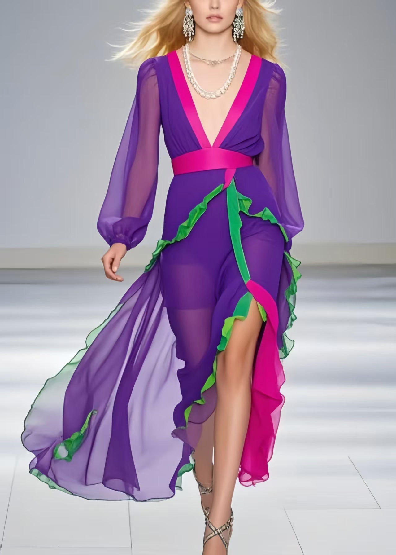 Purple Asymmetrical Patchwork Ruffled Chiffon Sundress