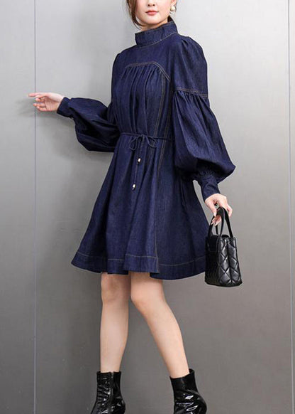 Natural Navy Bow Patchwork Denim Mid Dress Lantern Sleeve