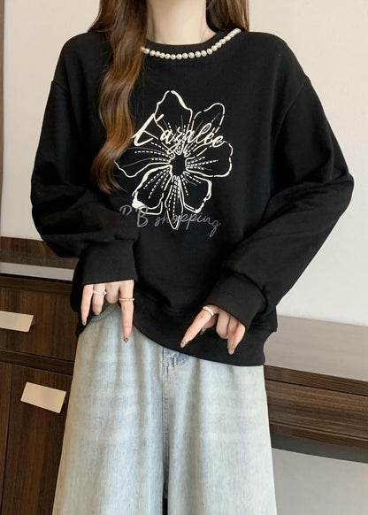 Loose Black O-neck Pearl Print Cotton Sweatshirts Fall