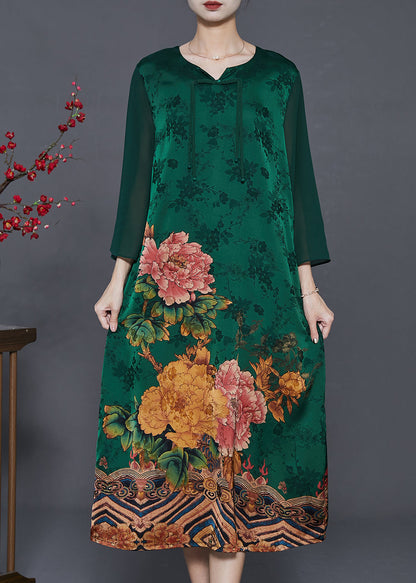 Green Silk Holiday Dress Tasseled Chinese Button Summer