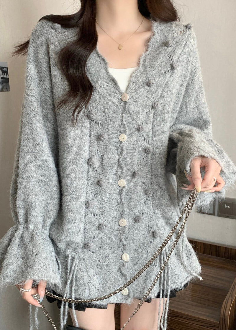 Grey Oversized Fuzzy Ball Decorated Knit Cardigans Fall