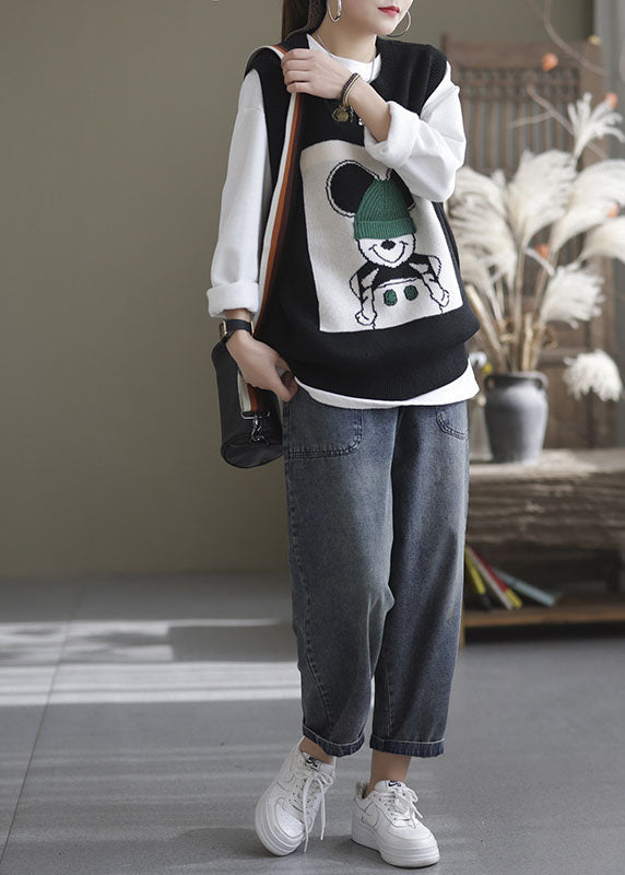 Black O-neck Animal Knit Vest Sleeveless