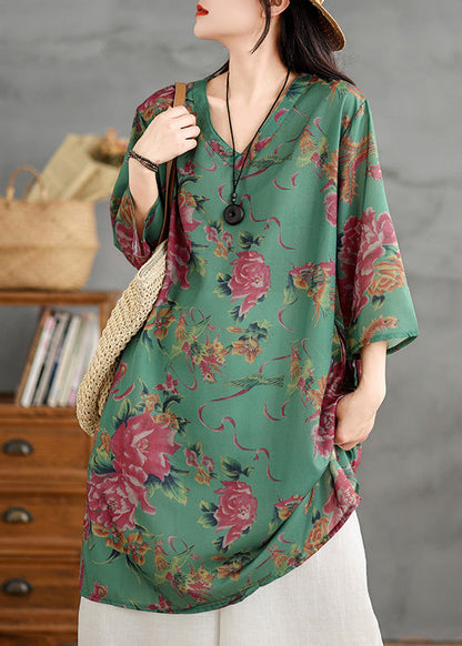 Green V Neck Print Cotton Mid Dress Summer