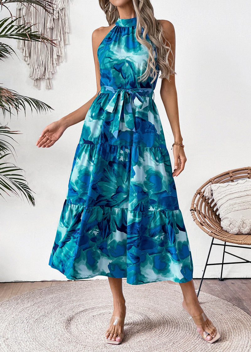 Blue Print Tie Waist Cotton Dresses Sleeveless