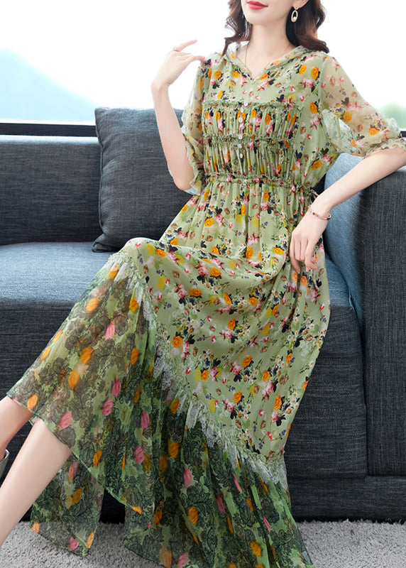 Grey Ruffled Print Patchwork Silk Long Dresses Summer