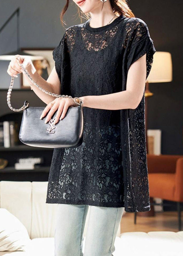 Black O Neck Hollow Out Lace Top Summer