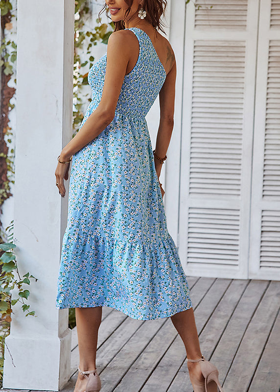 European and American Style Blue One Shoulder Print Cotton Dresses Summer