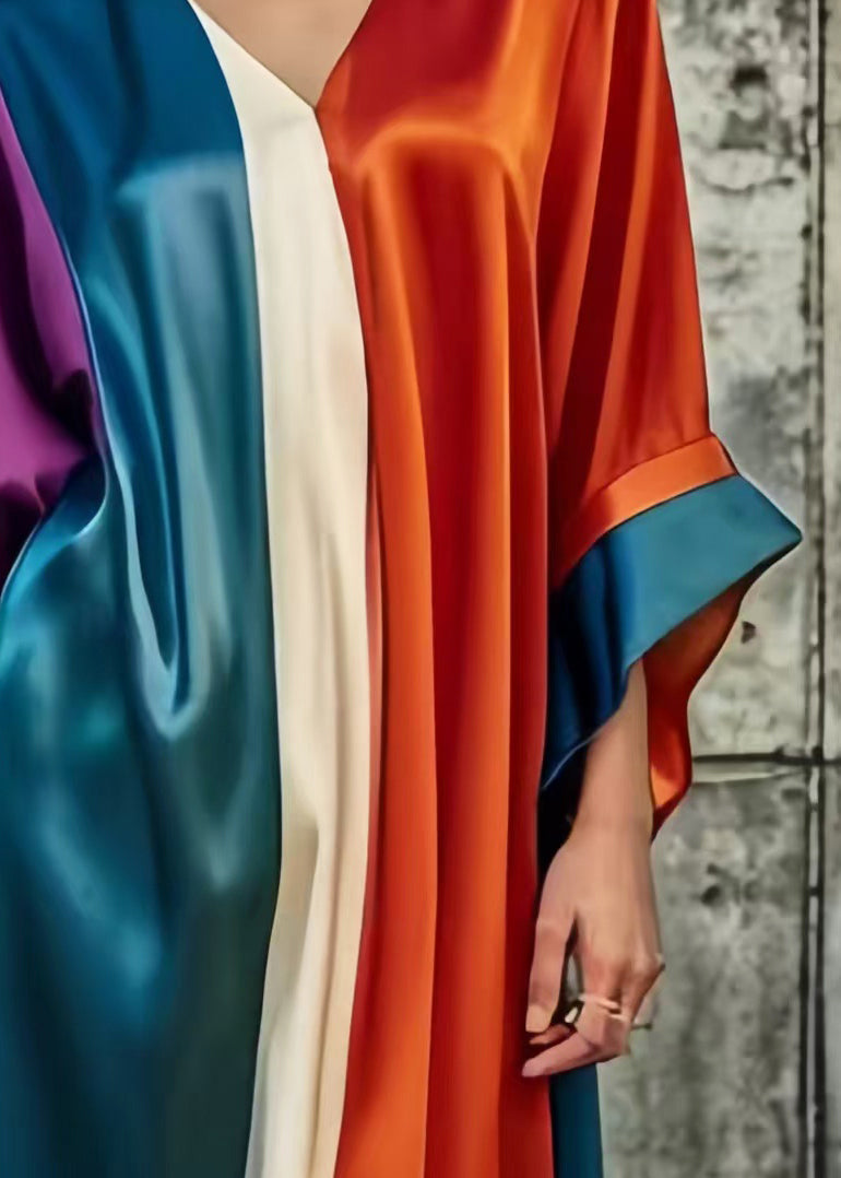 Colorblock Asymmetrical Patchwork Silk Day Dress Summer