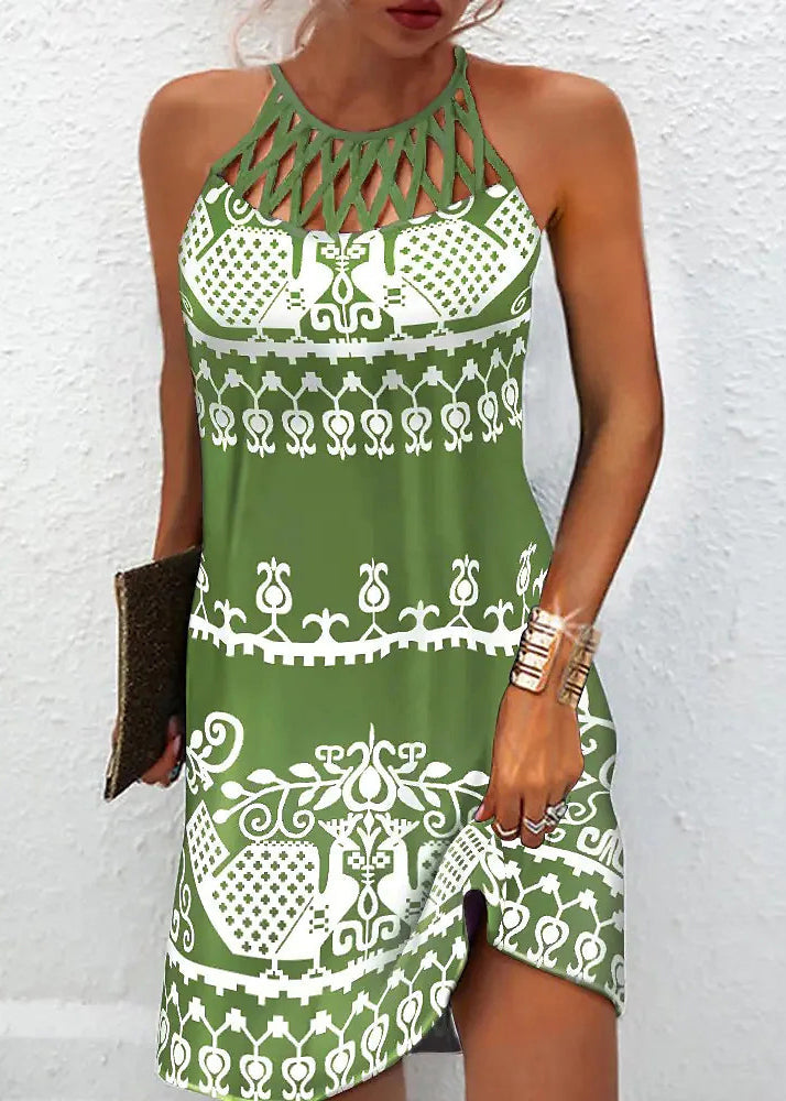 Stylish Black Hollow Out Print Cotton Halter Dresses Sleeveless