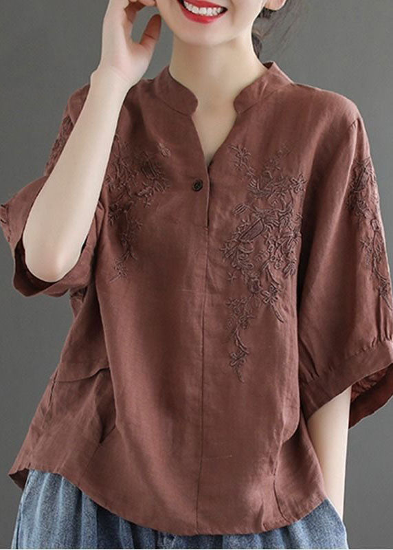 Chocolate V Neck Embroidered Wrinkled Linen Blouse Top Lantern Sleeve