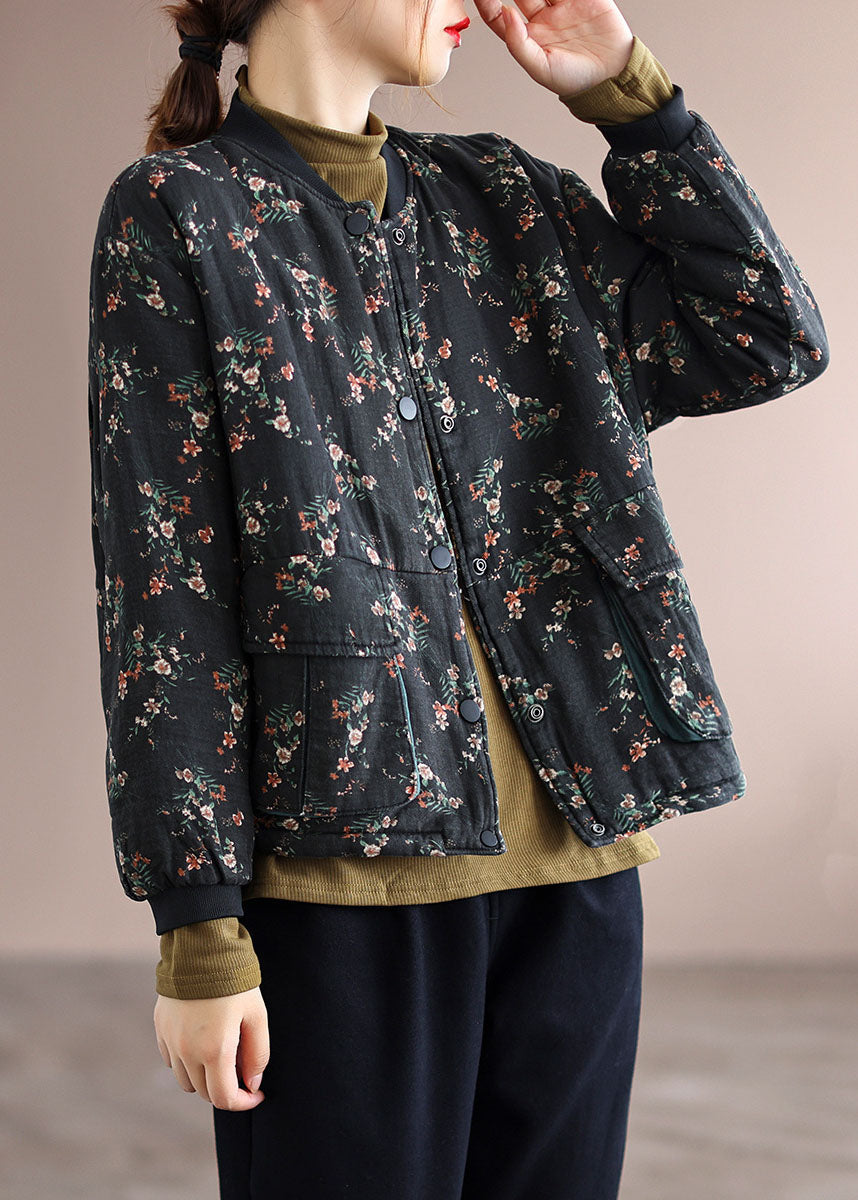 Black Stand Collar Pockets Fine Cotton Filled Jacket Spring