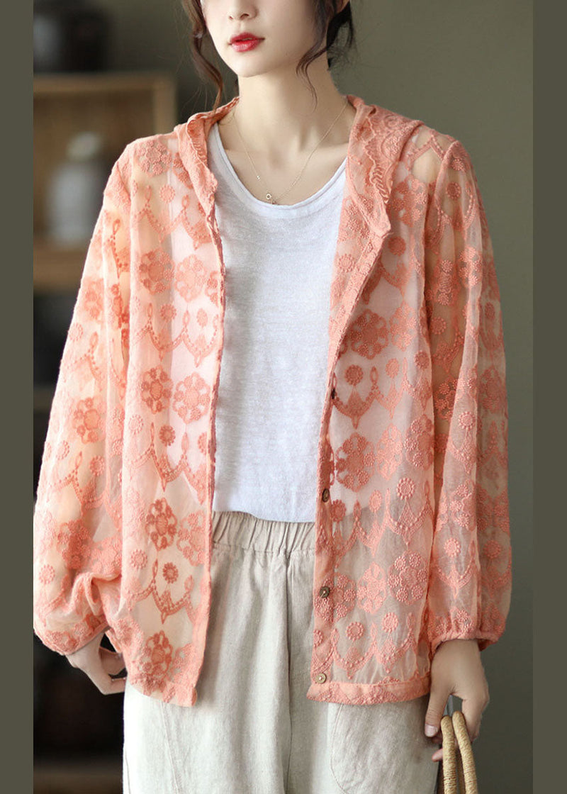 Loose Pink Embroidered Patchwork Lace Cardigans Long Sleeve
