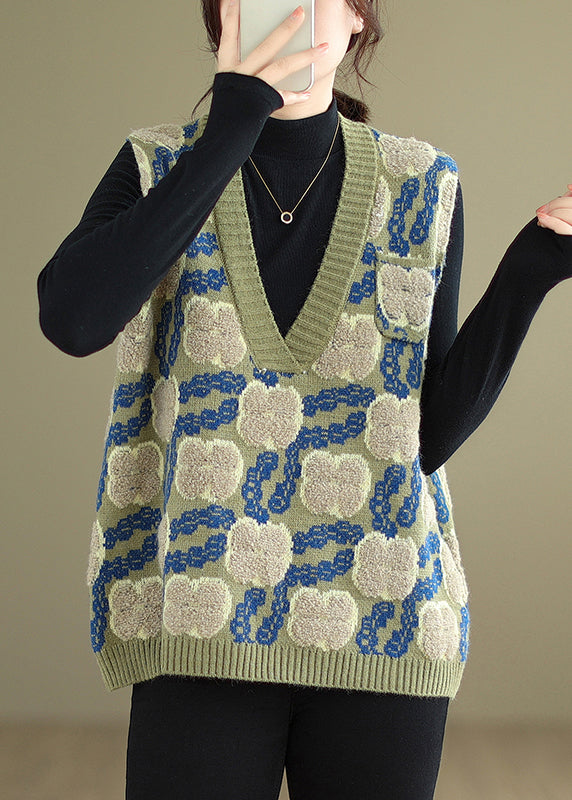 Green V Neck Patchwork Cozy Knit Waistcoat Sleeveless