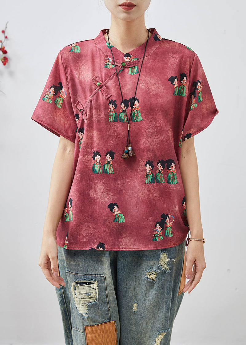 Dull Red Print Chinese Button Silk Shirt Summer