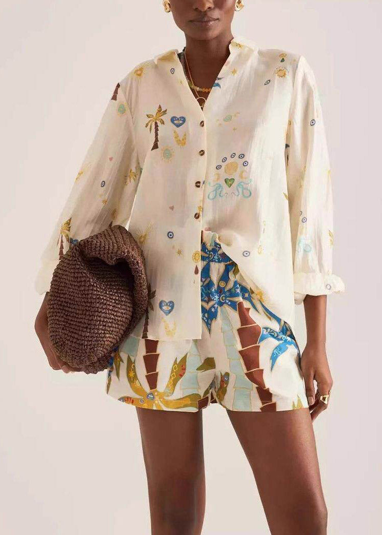 Multicolor Peter Pan Collar Print Shirts and Shorts Two Pieces Set Spring