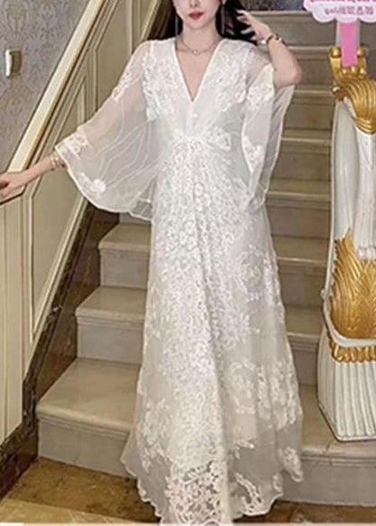 White V Neck Embroidered Cotton Maxi Dresses Batwing Sleeve