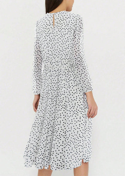New White O Neck Dot Print Chiffon Dresses Long Sleeve