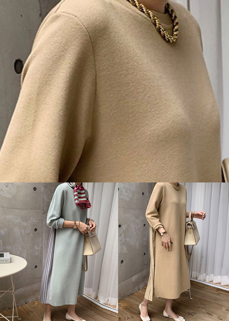 Yellow O Neck Wrinkled Patchwork Cotton Long Dress Winter