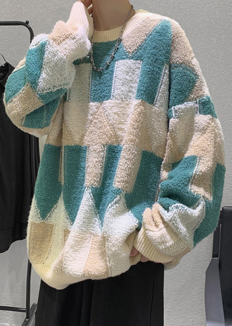 French Green O Neck Thick Cotton Knit Sweater Winter