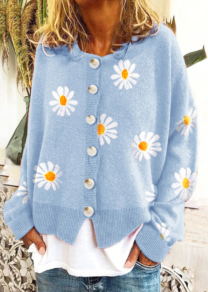 Loose Orange Dotted Daisy Embroidered Button Knit Coat Fall