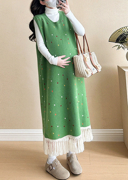 Red Tasseled Patchwork Knit Vest Long Dress Sleeveless