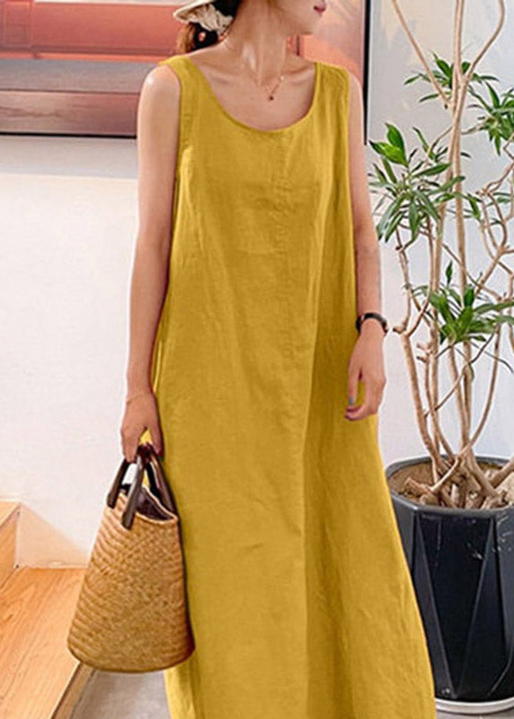 Handmade Yellow O-neck Long Spaghetti Strap Dress Sleeveless