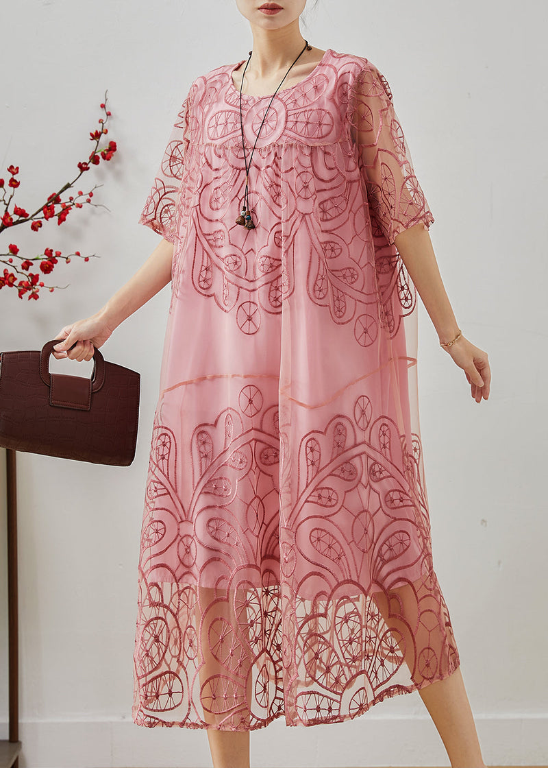 Pink Embroidered Tulle Ankle Dress Summer