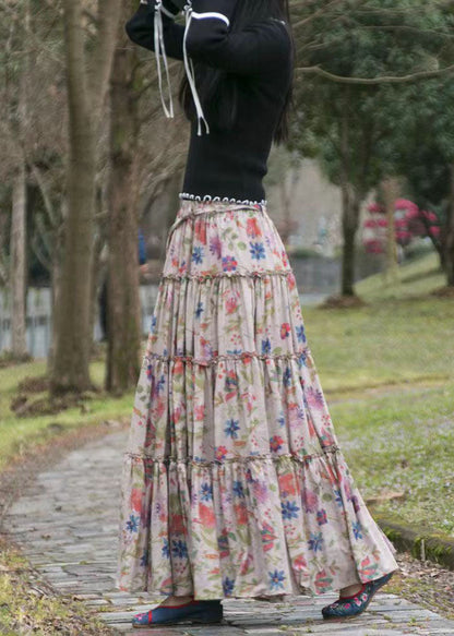 Loose Cinched Print Elastic Waist Patchwork Cotton Skirts Summer