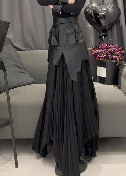 Black Pu Patchwork Wrinkled a Line Skirt Summer