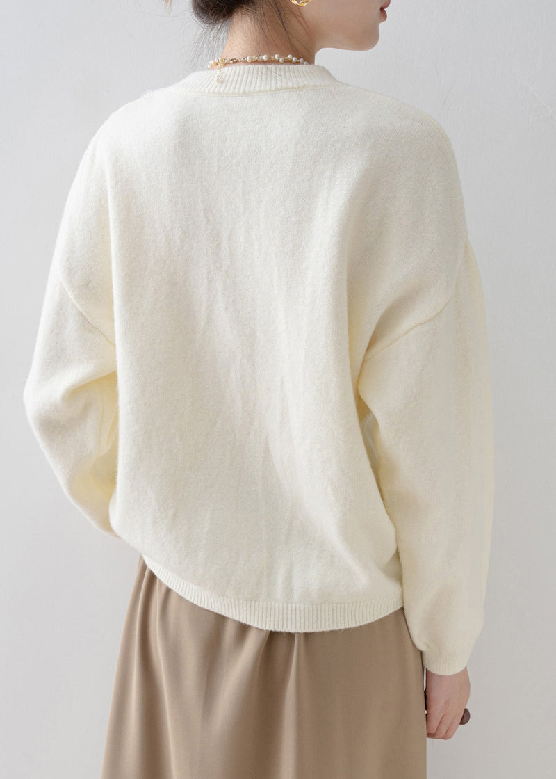 French White O Neck Sequins Knit Sweater Tops Spring
