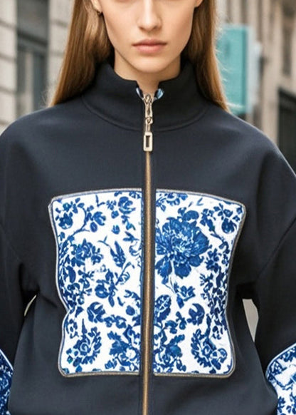 Black Stand Collar Print Cotton Jackets Fall