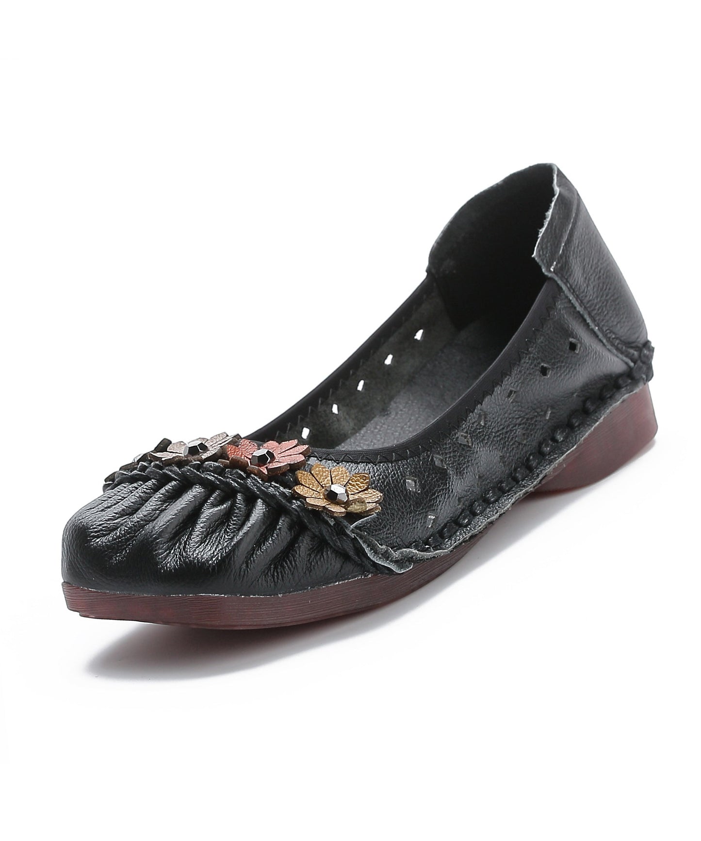 Retro Splicing Flat Feet Shoes Black Cowhide Leather