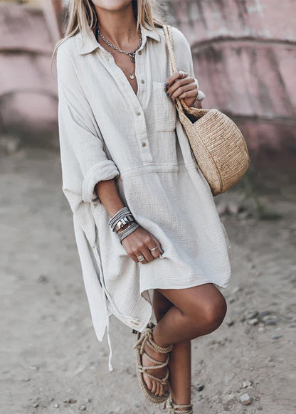 White Peter Pan Collar Drawstring Cotton Shirts Dresses Spring