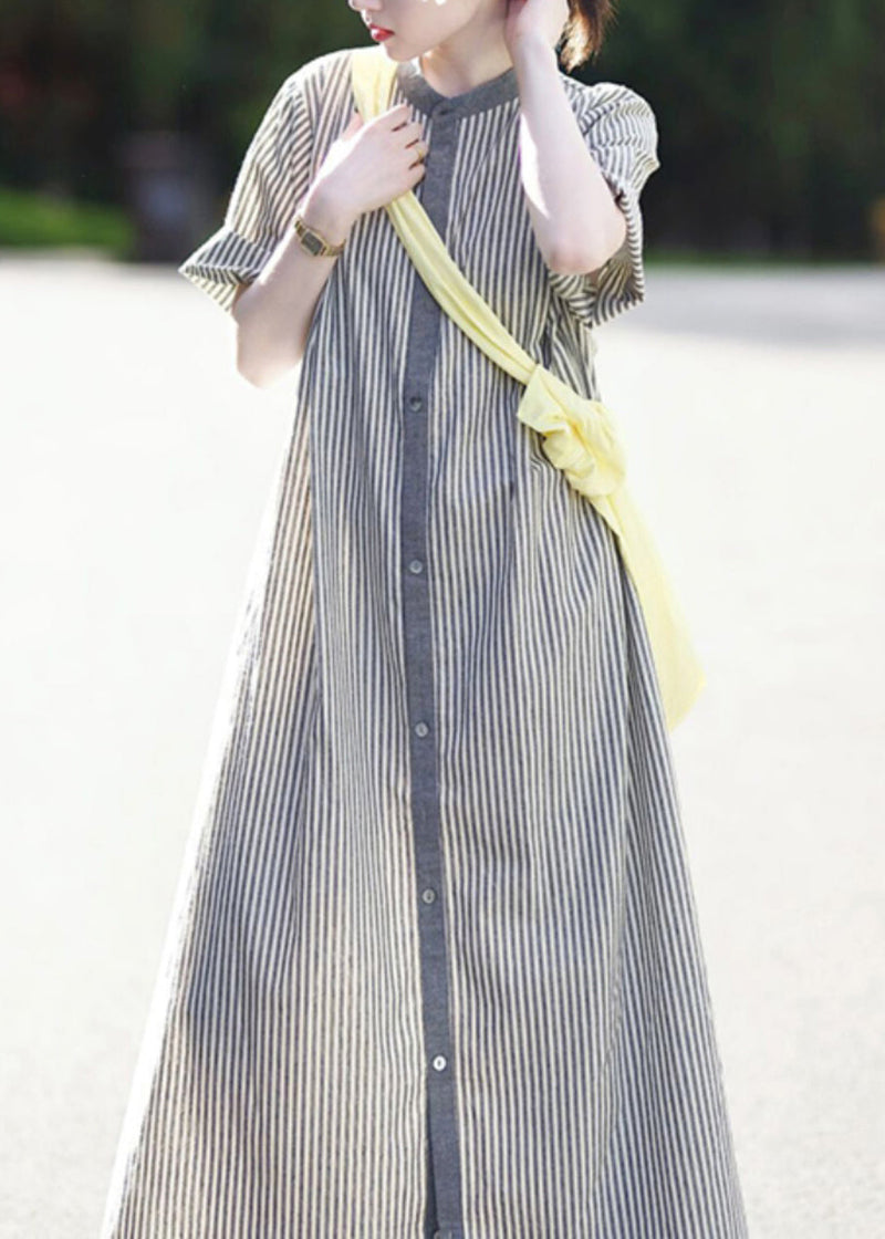 Stand Collar Striped Button Cotton Shirts Dress Summer