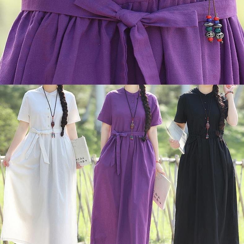Black Linen Cotton Robes Shape Tie Waist Maxi Summer Dress