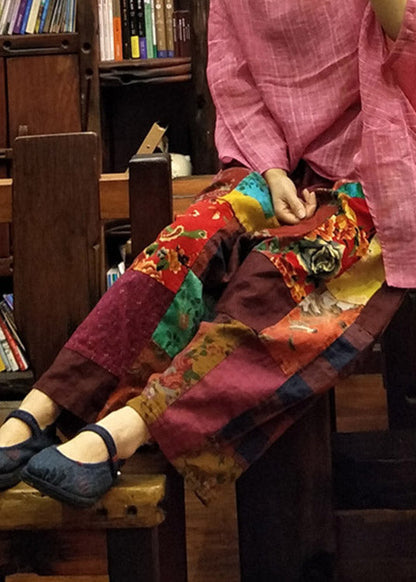 Loose Print Elastic Waist Linen Wide Leg Pants Summer