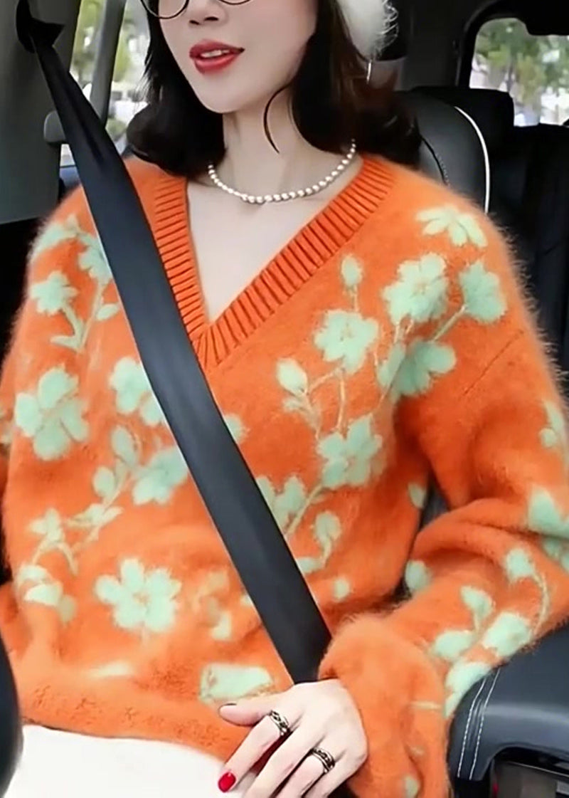 Orange V Neck Jacquard Knitted Short Sweater Winter