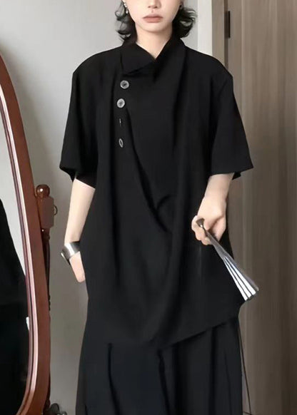Unique Grey Stand Collar Asymmetrical Ice Silk Tops Short Sleeve
