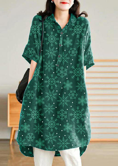 Jade Blue-snowflake Linen Linen Shirt Dress
