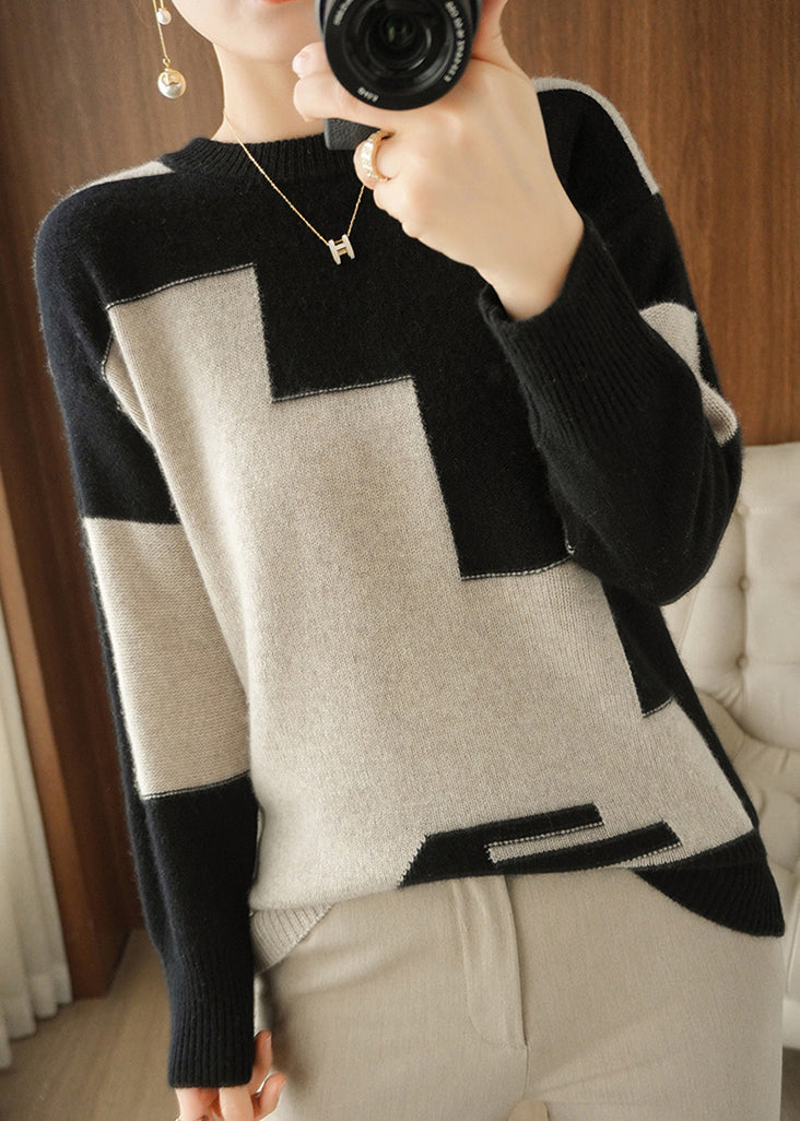 Grey Asymmetrical Patchwork Wool Knit Top Fall