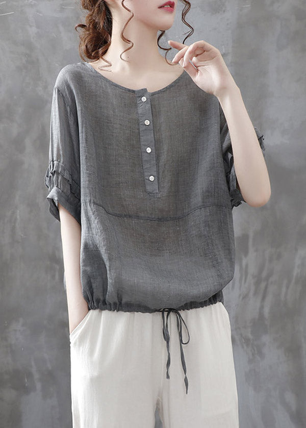 Grey O-neck Button Drawstring Patchwork Linen Shirt Tops Short Sleeve