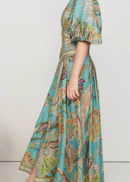 Green V Neck Print Slim Fit Cotton Dresses Lantern Sleeve
