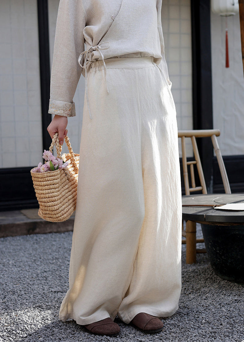 Elastic Waist Pockets Linen Wide Leg Pants Spring