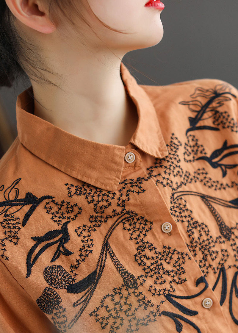 Orange Turn-down Collar Embroidered Cotton Shirt Top Long Sleeve