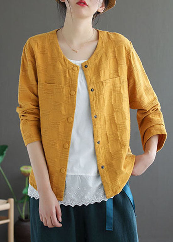 Modern Yellow Button O-neck Jacquard Coats Long Sleeve