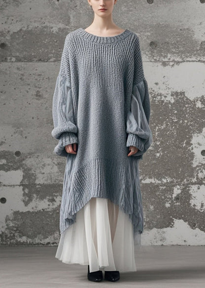 Grey Oversized Patchwork Tulle Long Knit Dress Winter