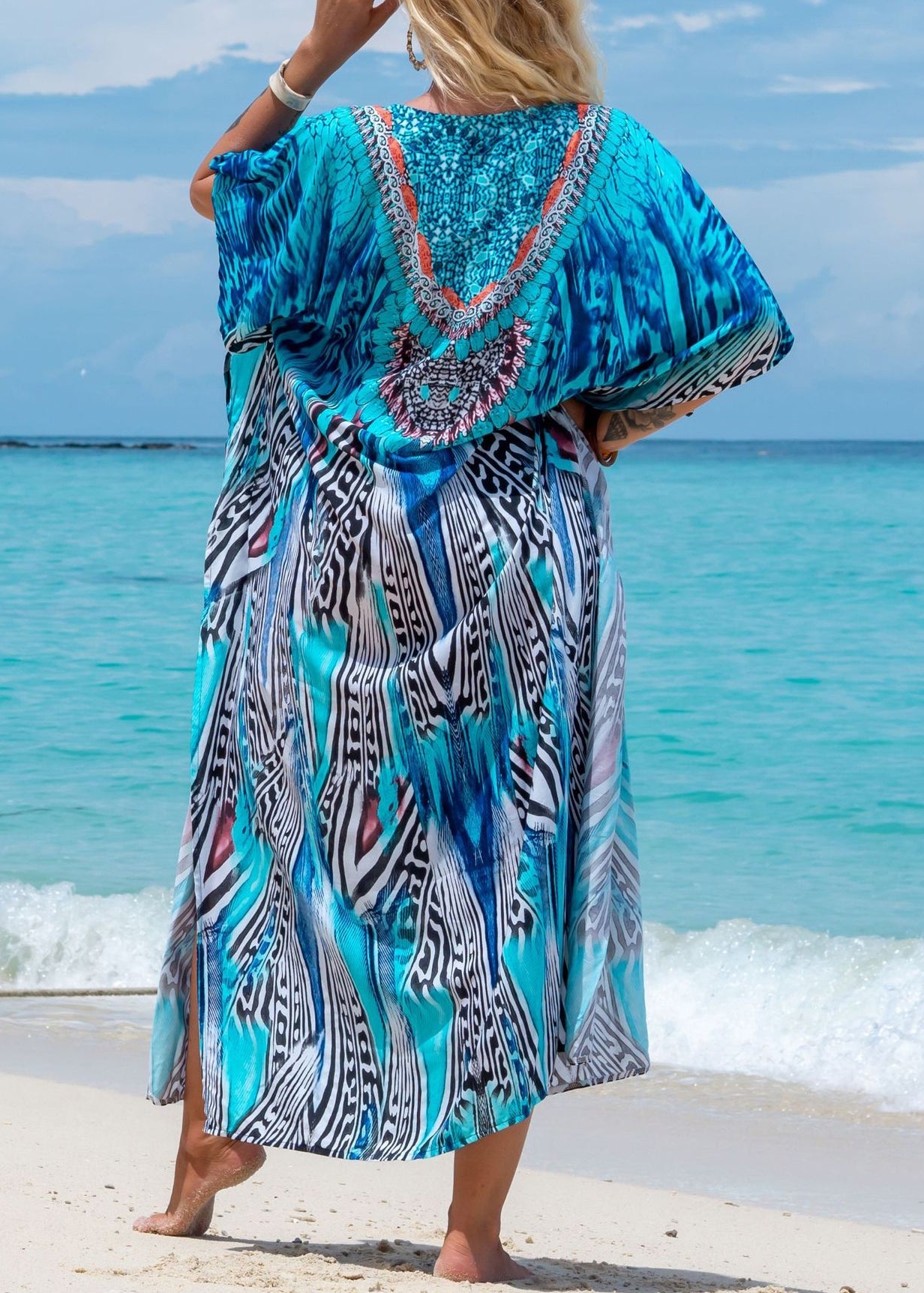 Style Blue V Neck Print Side Open Cotton Long Dress Summer