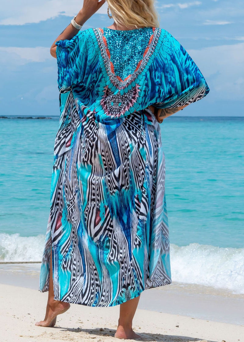 Style Blue V Neck Print Side Open Cotton Long Dress Summer