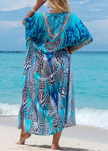 Style Blue V Neck Print Side Open Cotton Long Dress Summer